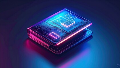 Digital Wallet Concept: A futuristic digital wallet, glowing with vibrant neon light, rests against a dark backdrop, symbolizing the modern financial landscape.