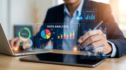 a businessman intently interacting with digital data visualizations including charts graphs and analytics displayed on transparent screens and devices