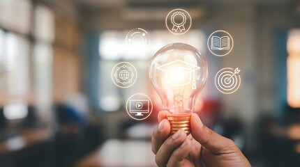 A hand gently holds a glowing light bulb surrounded by digital icons representing innovation learning and bright ideas in a blurred background