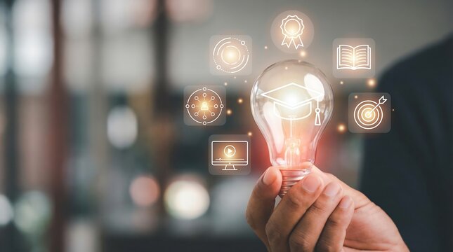 A hand holds a glowing light bulb with icons representing education innovation and learning concepts symbolizing bright ideas and progress