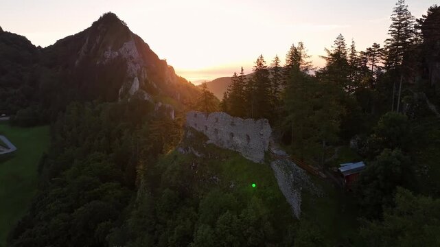 Aerial view of the ruins of the Vrsatec castle in Slovakia