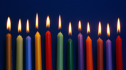 wax. Colorful tapered candles drip wax onto a dark blue surface, glowing softly in warm light. event programs, museum guides, designed for cultural heritage projects and event programs.