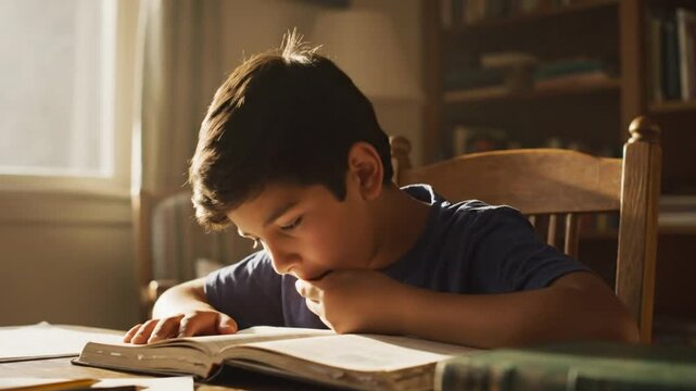 Young boy struggling to focus while studying at a wooden desk in a sunlit room filled with books and bookshelves