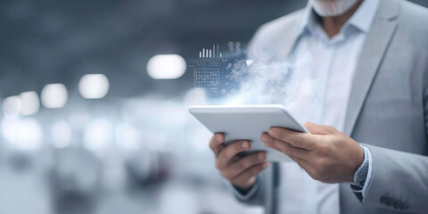 Businessman uses tablet displaying holographic analytics representing digital transformation and fintech.