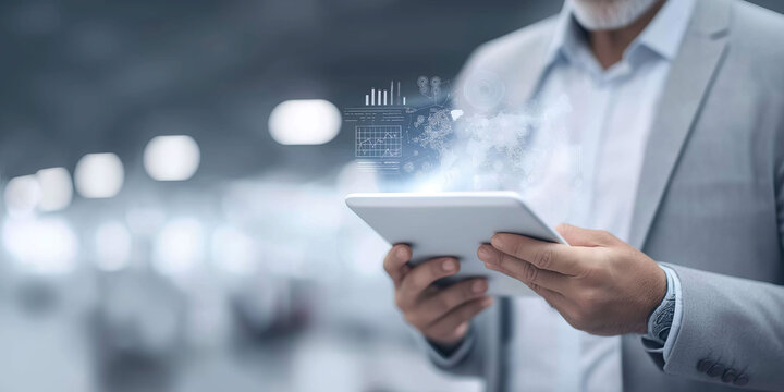 Businessman uses tablet displaying holographic analytics representing digital transformation and fintech. - Powered by Adobe