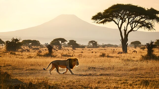Majestic lion in African savannah landscape high resolution picture