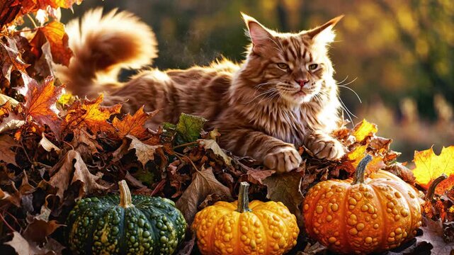 Beautiful golden hour light illuminates a majestic red cat stretching slowly on a pile of dried foliage and stacked decorative squashes seasonal, comfort, Beautiful