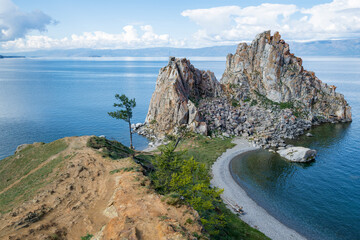 Sacred Shamanka Rock on a September day. Olkhon island on Baikal lake. Russia