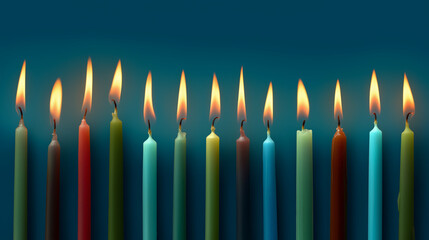 wax. Colorful tapered candles drip wax onto a dark blue surface, glowing softly in warm light. event programs, museum guides, designed for cultural heritage projects and event programs.