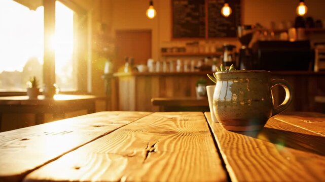 Beautiful golden hour sunlight streams across empty rustic wooden tables inside a tranquil and cozy small local coffee shop interior relaxation, establishing shot, coffee shop