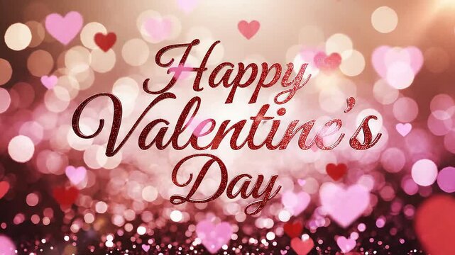 Shiny happy valentines day text animation with glitter bokeh background. Romantic typography greeting video with floating red and pink hearts. Love holiday celebration message