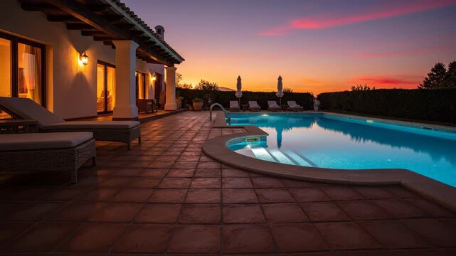 Beautiful golden hour time-lapse capturing sharp shadows lengthening across the classic terracotta tiled patio adjacent to the blue villa swimming pool mood, modern, capturing