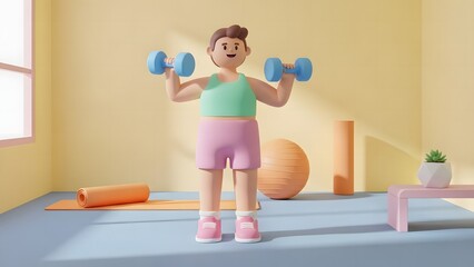 3D Fitness Girl Exercising with Dumbbells for Workout and Healthy Lifestyle