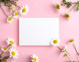 White paper card surrounded by chamomile flowers on pink background. Template for greeting card, wedding invitation, spa or organic product design.