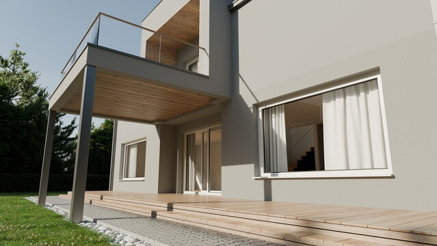 modern house stands with a large balcony and wooden deck. backyard is well-kept with grass and stones. sky is clear and the house has several windows allowing light in. 3d render