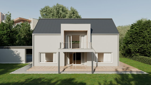modern house stands in a green yard with a balcony. structure features simple lines and large windows. Nearby trees provide shade and add to the setting. 3d render