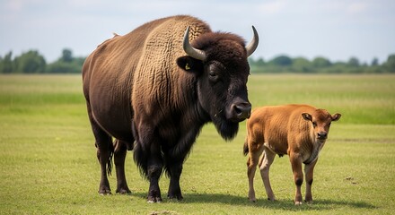 Bison Family Grazing in a Green Field on a Sunny Day.