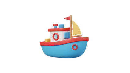 3D toy boat icon isolated on white background, cute colorful ship for children's games and marine design