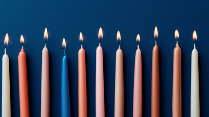 wax. Colorful tapered candles drip wax onto a dark blue surface, glowing softly in warm light. event programs, museum guides, designed for cultural heritage projects and event programs.