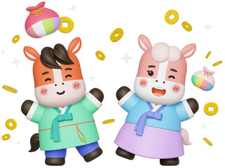 Naklejka premium 병오년 3D 한복 붉은말띠 캐릭터