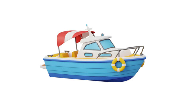 Cartoon blue boat with red canopy and life preserver on side