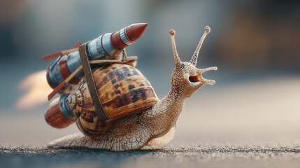 Fast Snail with Rocket Booster Moving with Motion Blur on Ground