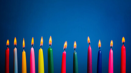 wax. Colorful tapered candles drip wax onto a dark blue surface, glowing softly in warm light. event programs, museum guides, designed for cultural heritage projects and event programs.