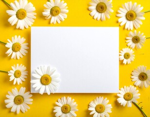 White paper card surrounded by chamomile flowers on yellow background. Template for greeting card, wedding invitation, spa or organic product design.