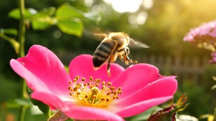 Honeybee gathering pollen from bright pink rose flower in a sunlit garden, then flying to purple flowers