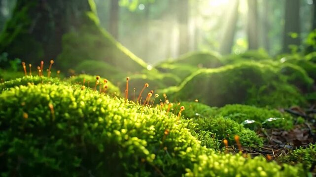 Lush green moss covers the forest floor, illuminated by sunlight filtering through the trees.