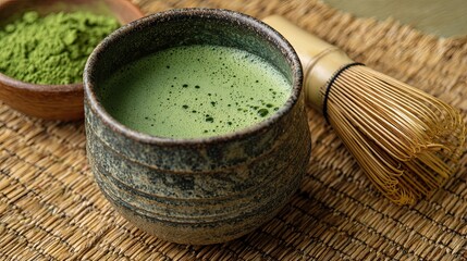 Traditional Matcha Tea Set with Foamy Green Tea and Whisk