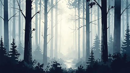 Modern vector watercolor-style forest wallpaper featuring morning light through trees without gradients, peaceful woodland nature background for wallpaper and interiors