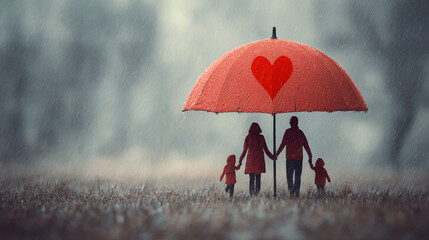 Cinematic family silhouette under red umbrella with heart symbol in rainy field