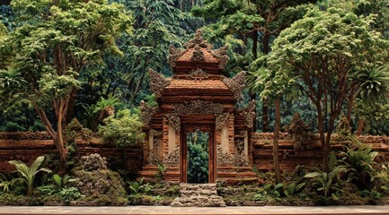 Fototapeta premium Ornate entrance gateway with lush foliage and a tranquil natural environment
