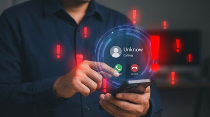 a man interacting with a holographic incoming call display from an unknown number symbolizing urgent communication and potential security concerns in a modern setting