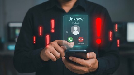 a blurred figure holds a smartphone displaying an incoming call with warning signs and a red alert background representing a potential security threat
