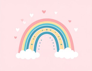 Colorful Rainbow Illustration with Hearts and Clouds.