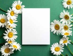 White paper card surrounded by chamomile flowers on green background. Template for greeting card, wedding invitation, spa or organic product design.