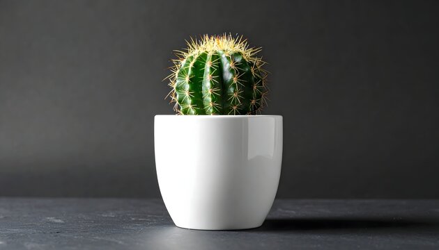 Small green cactus in a white pot against a dark background, minimalist and clean studio shot.