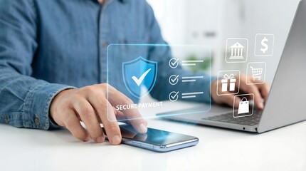A person utilizes a laptop and smartphone with projected digital security icons emphasizing safe online transactions and data protection measures