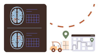 Brain scans, logistic route, warehouse icon, forklift and package emphasize technologys role in logistics, navigation, neuroscience, innovation, analysis healthcare communication. Ideal for tech