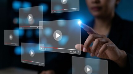 A woman interacts with multiple translucent video player interfaces highlighting the potential of digital media and innovative interactive technology in modern communication