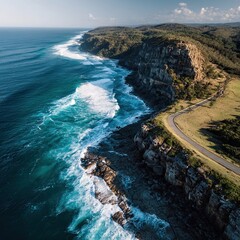 Aerial View: Majestic Coastal Cliffs, Turquoise Ocean, Winding Road