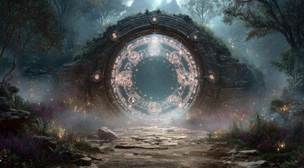 Mystical portal in forest fantasy scene with glowing ornate gate