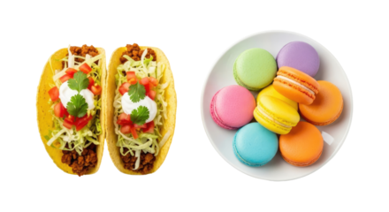 Two Prepared Tacos With Toppings Beside Colorful Macarons On A White Plate Against A Transparent Background