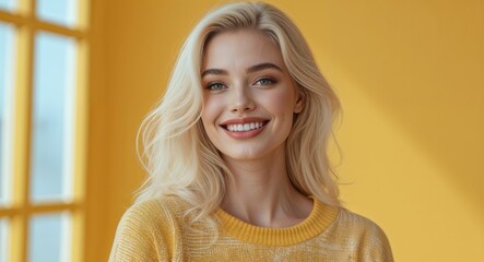 yellow modern happy on bright high key studio background blonde pretty woman portrait fashion style concept photoshoot for banner