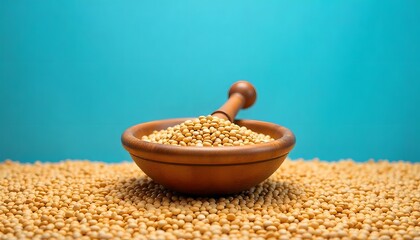 Soybeans in Wooden Bowl &ndash; Natural Texture with Rustic Pestle on Blue Background