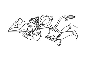 Hanuman flying and carrying Dronagiri mountain with Sanjeevani herbs. Hindu god mythology black and white line art, contour drawing. Isolated coloring page for kids, activity book.