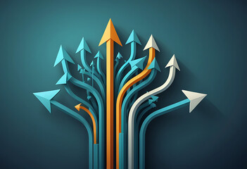 Colorful arrows pointing upwards in different directions on dark teal background orange white