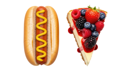 Delicious Hot Dog with Mustard and Cheesecake Slice with Berries Isolated on Transparent Background